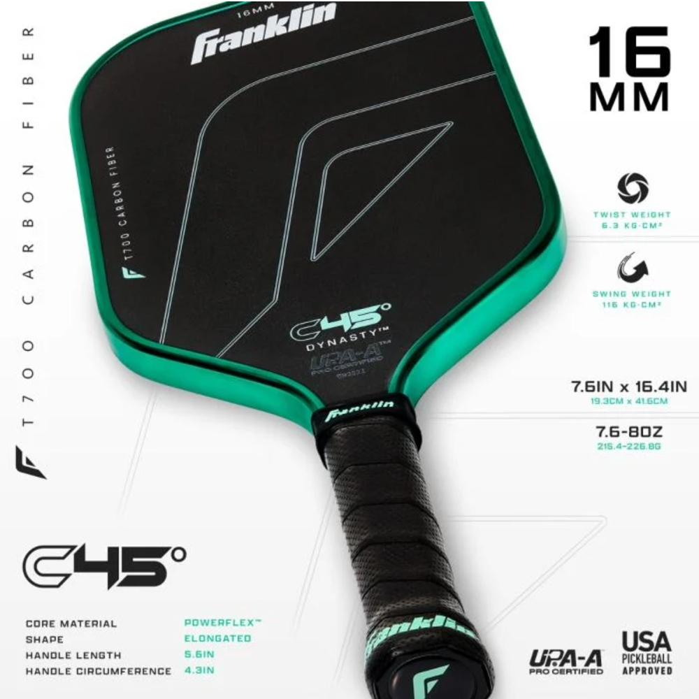 Franklin 59232 C45° Carbon Fiber Dynasty Pickleball Paddle - Mint (16mm)