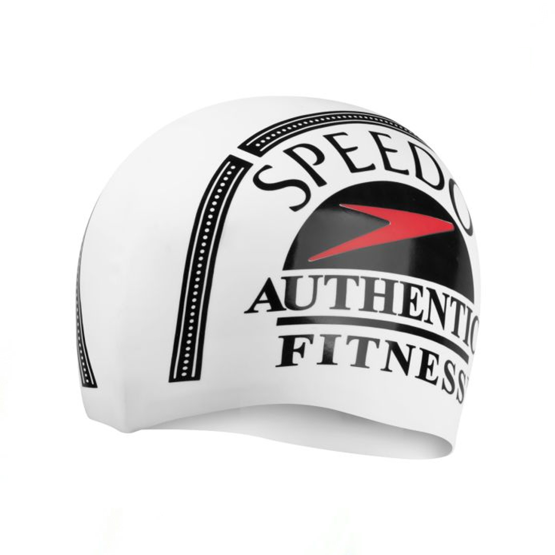 Speedo 117873 Slogan Print Silicon Swimming Cap (Authentic  Fitness / White)